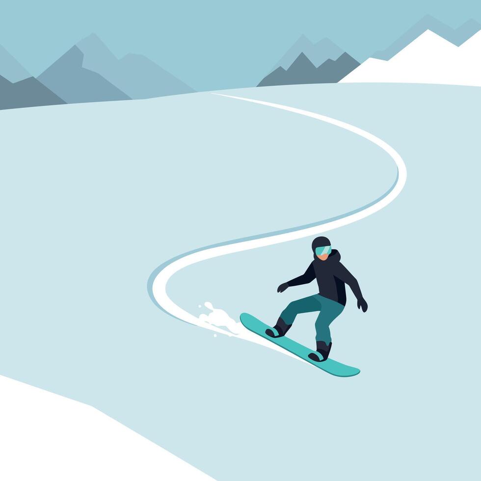 Snowboarder in winter gear gliding down snowy mountain slope with curved trail flat illustration vector