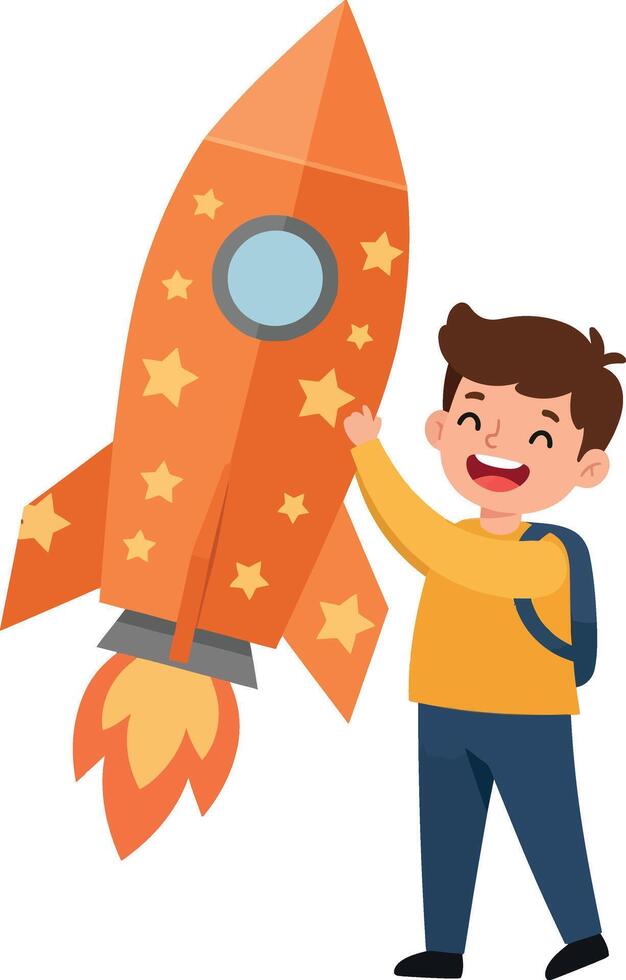 Boy playing with orange rocket toy with star pattern illustration vector