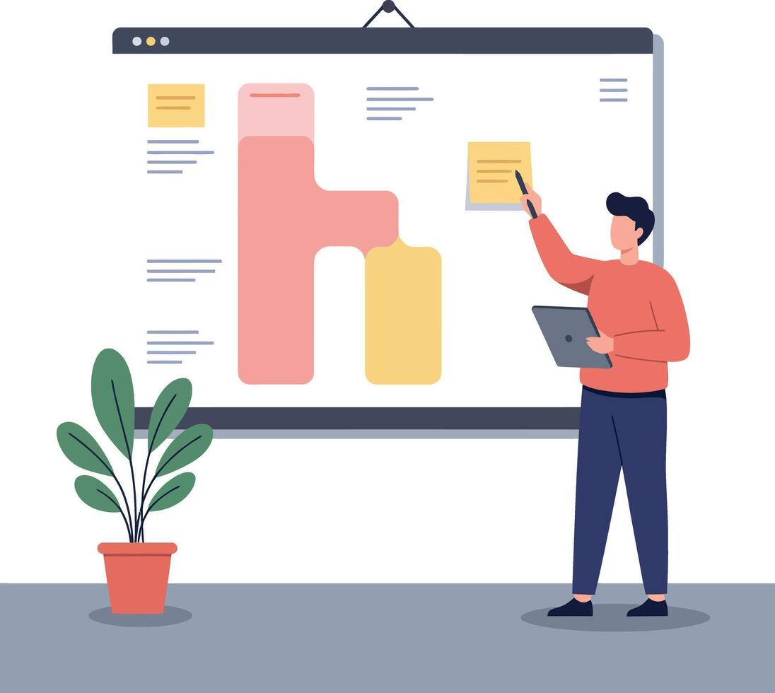 Man presenting data on chart with laptop in minimal flat style illustration vector