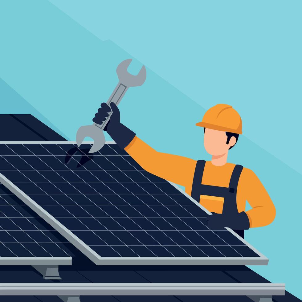 Solar panel technician repairing rooftop solar energy system with wrench illustration vector