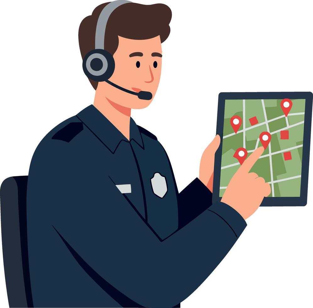 Male police officer in uniform using headset with digital map on tablet flat design illustration vector