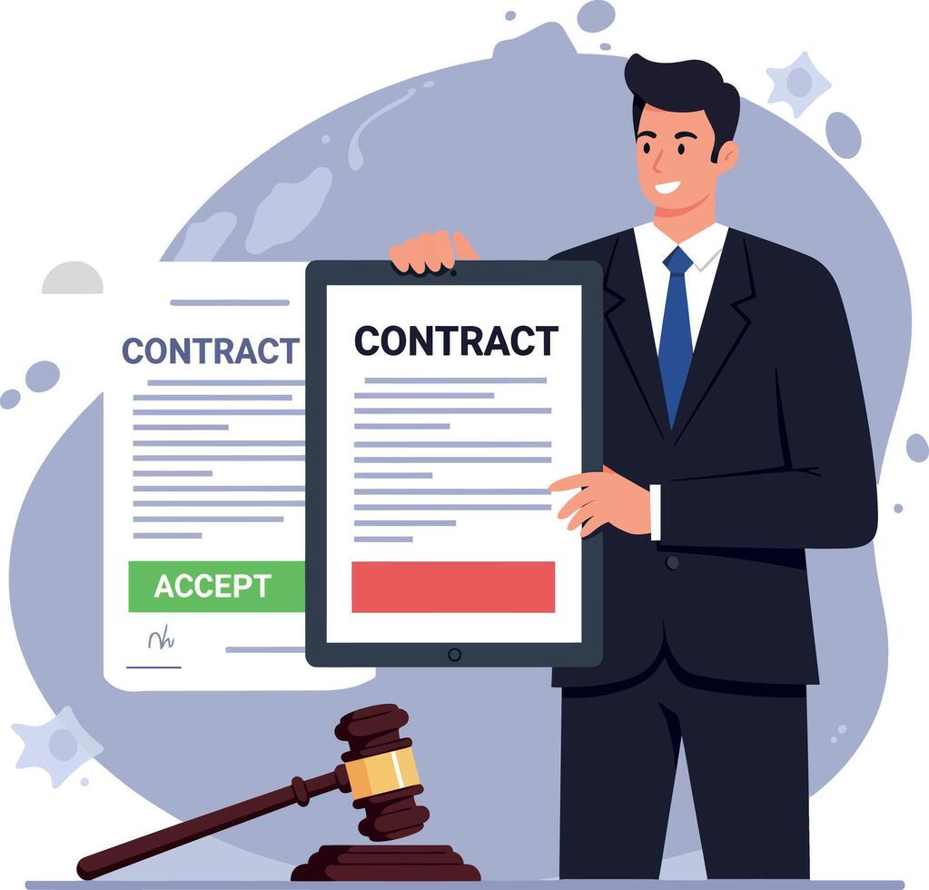 Businessman holding digital tablet with contract and acceptance document flat design illustration vector