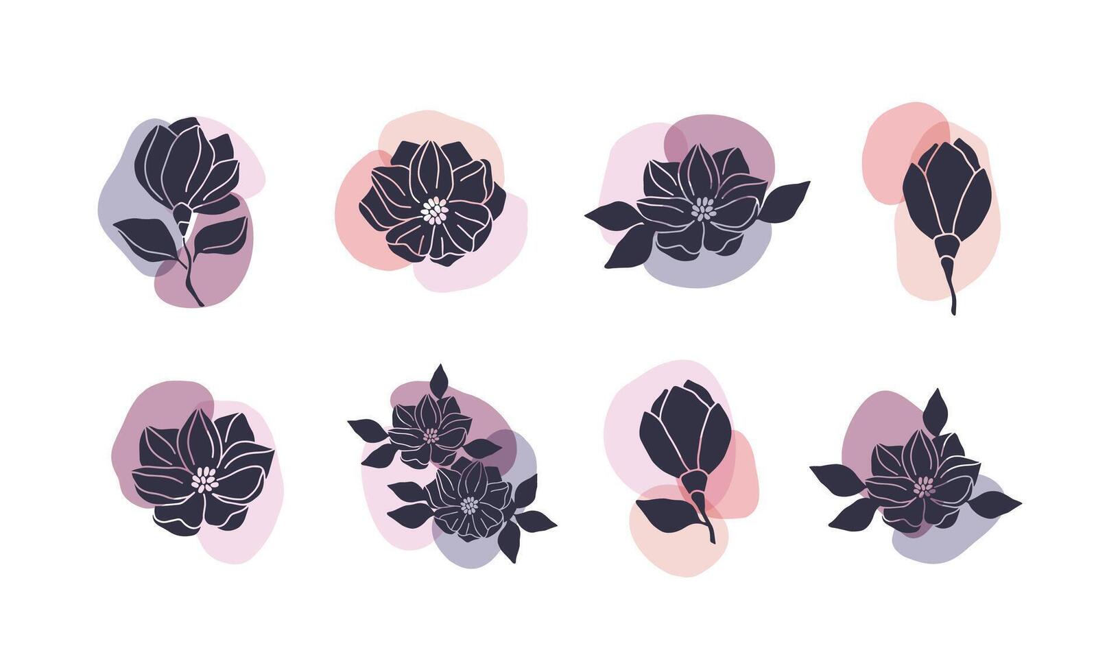 Hand drawn magnolia flowers illustration. Floral silhouettes with abstract shape isolated on white background. Botanical element for minimalistic poster, invitation, cards. vector