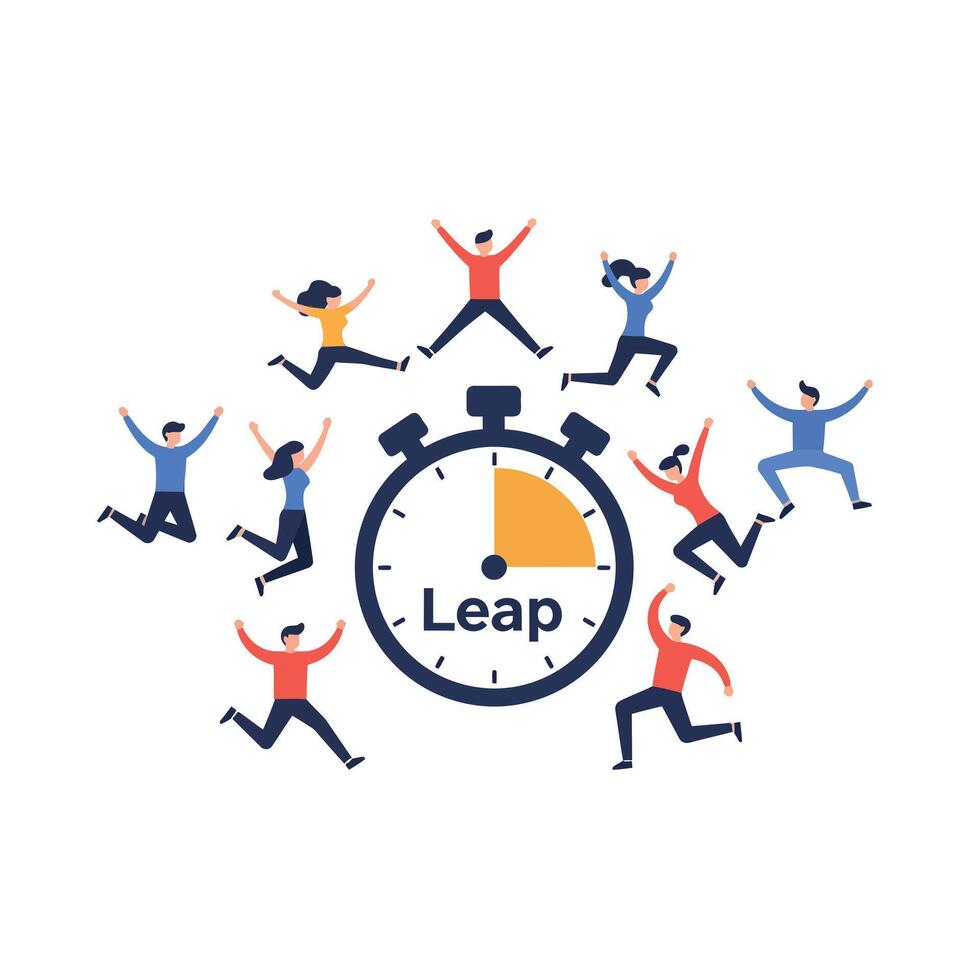 People jumping around stopwatch with leap text concept for time management and motivation illustration vector