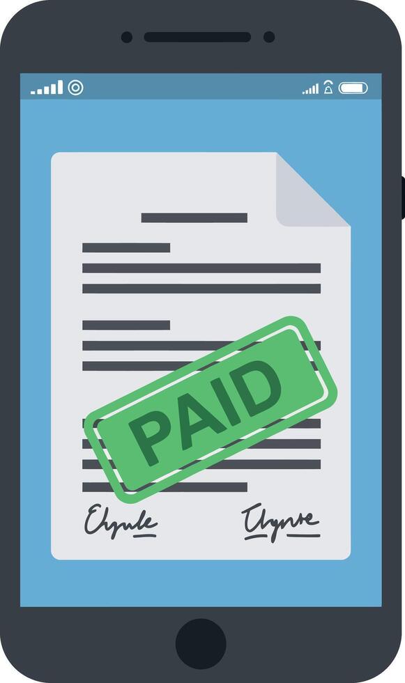 Digital invoice with paid stamp on smartphone screen flat design illustration vector