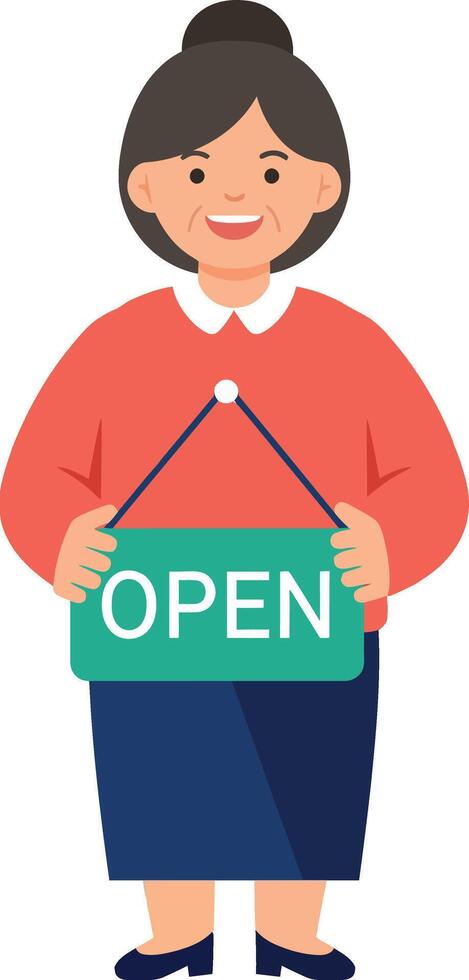 Woman holding open sign welcoming customers in business setting illustration vector