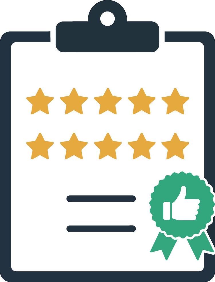Customer review clipboard with ten gold stars and green thumbs up badge flat design illustration vector