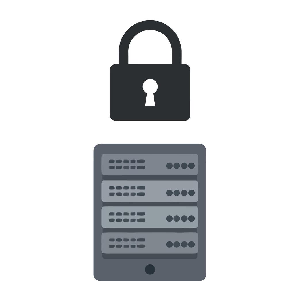 Server rack with security padlock symbol flat design minimal illustration vector