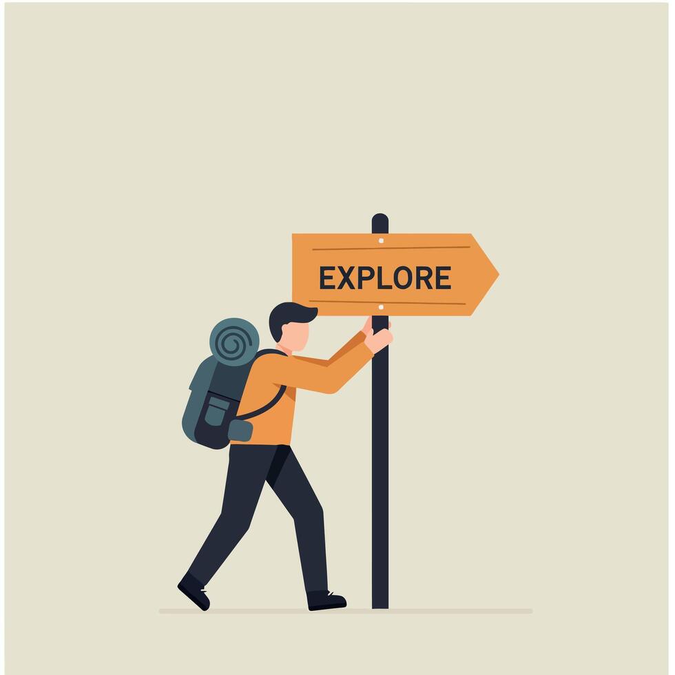 Hiker with backpack pushing explore signpost illustration for adventure and travel concepts vector