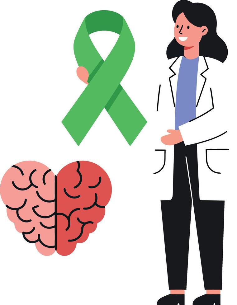 Brain awareness with green ribbon and female doctor health care concept illustration vector