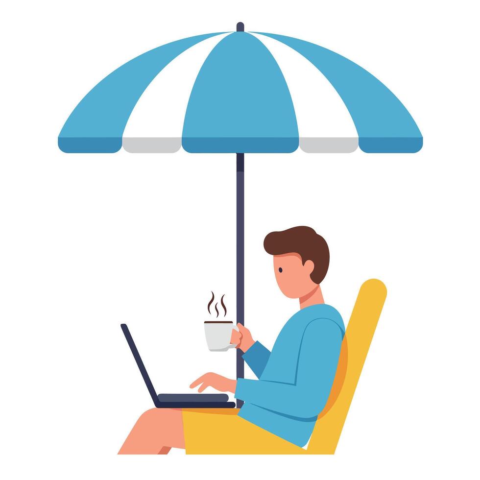Man working on laptop and drinking coffee under blue and white beach umbrella illustration vector