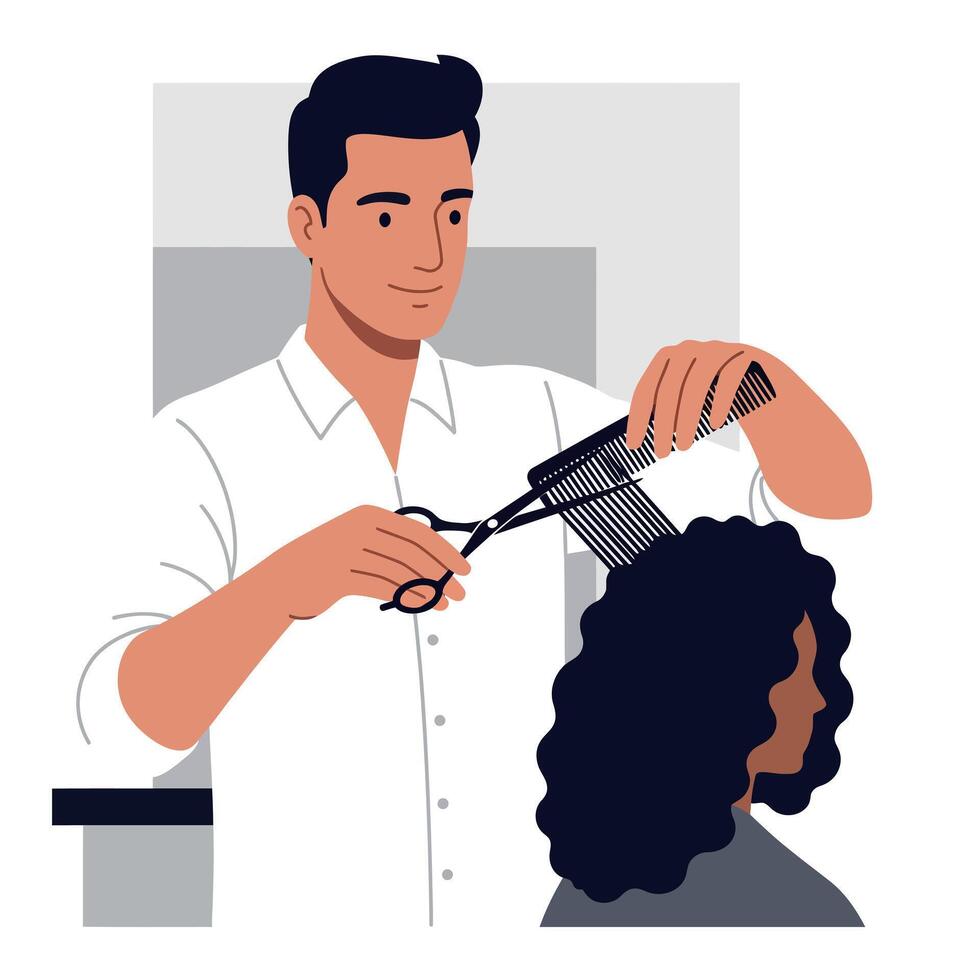 Male Hairstylist Cutting Curly Hair in Salon with Scissors and Comb Illustration vector
