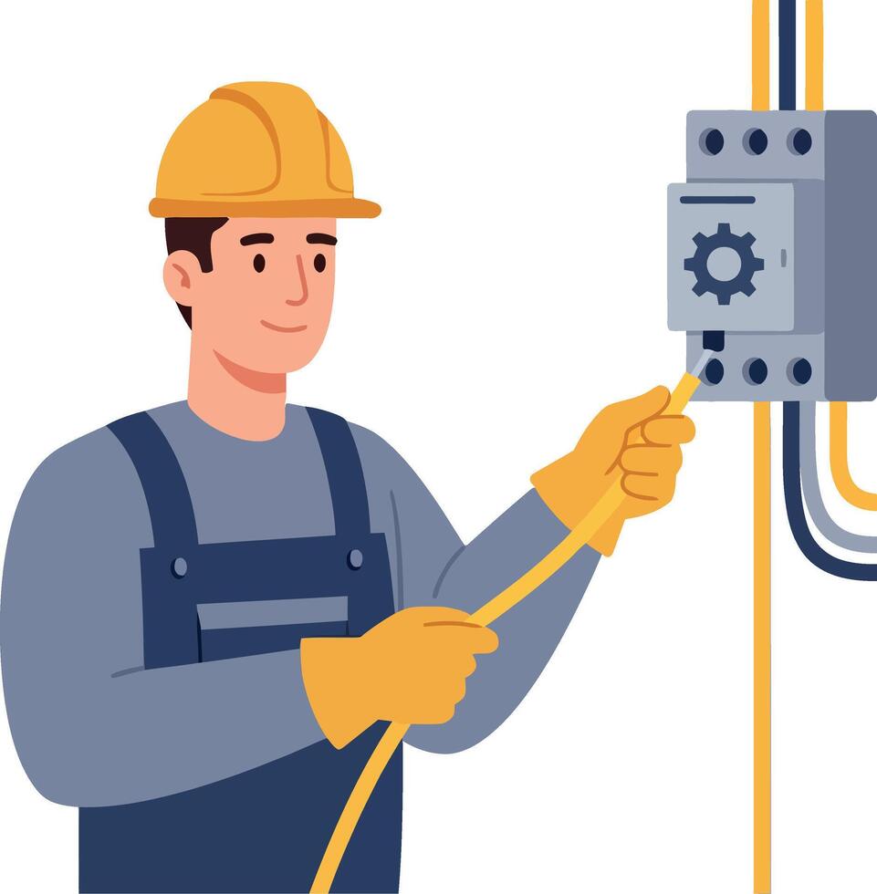 Electrician repairing electrical panel with yellow gloves and helmet illustration vector