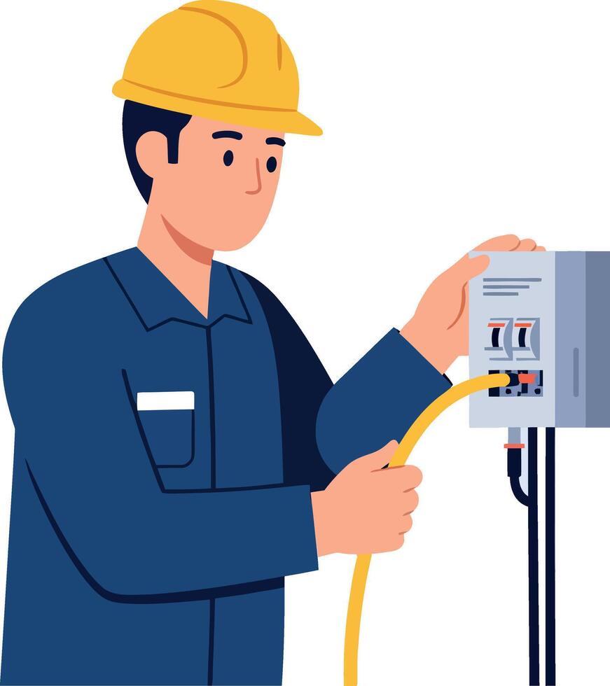 Electrician working with electrical panel and cable in safety helmet illustration vector