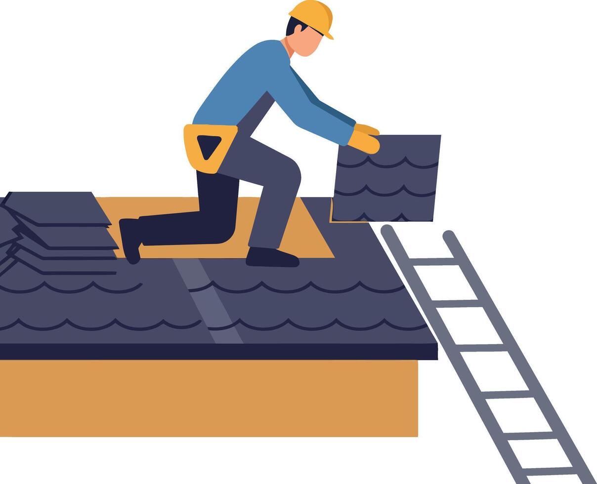 Roofer installing shingles on house roof with ladder and safety helmet illustration vector