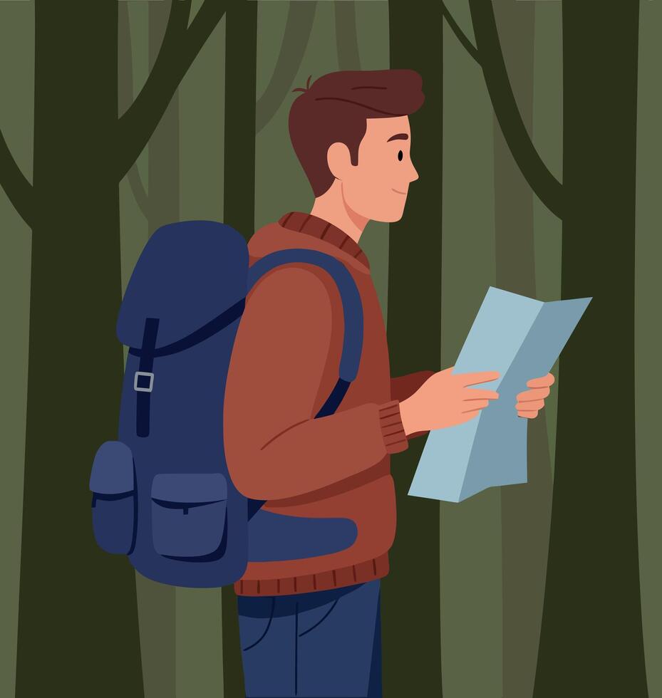 Male Hiker Exploring Forest with Backpack and Map Outdoors Adventure Activity vector