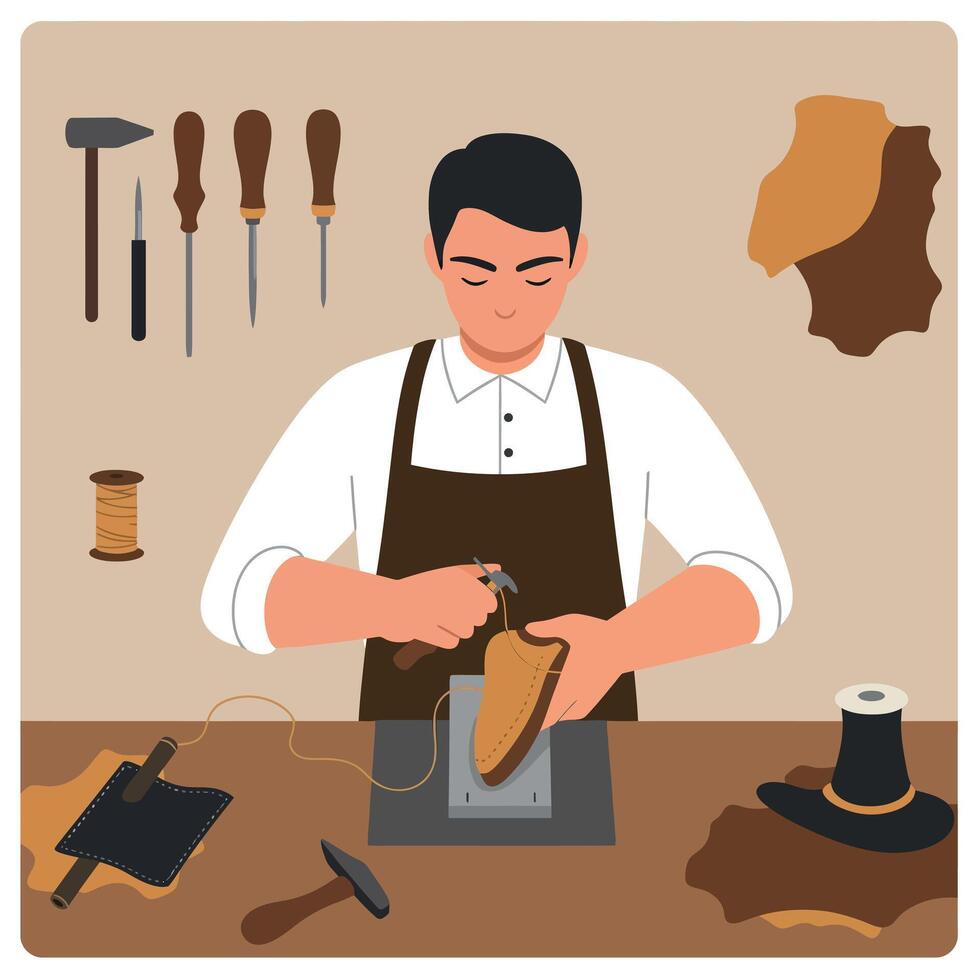 Shoemaker crafting leather shoes with tools and apron in workshop illustration vector