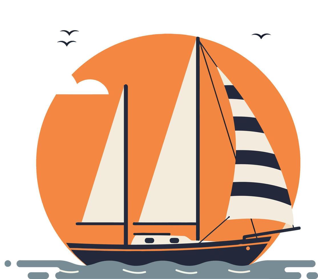 Sailing boat with striped sail and orange sun background illustration design vector