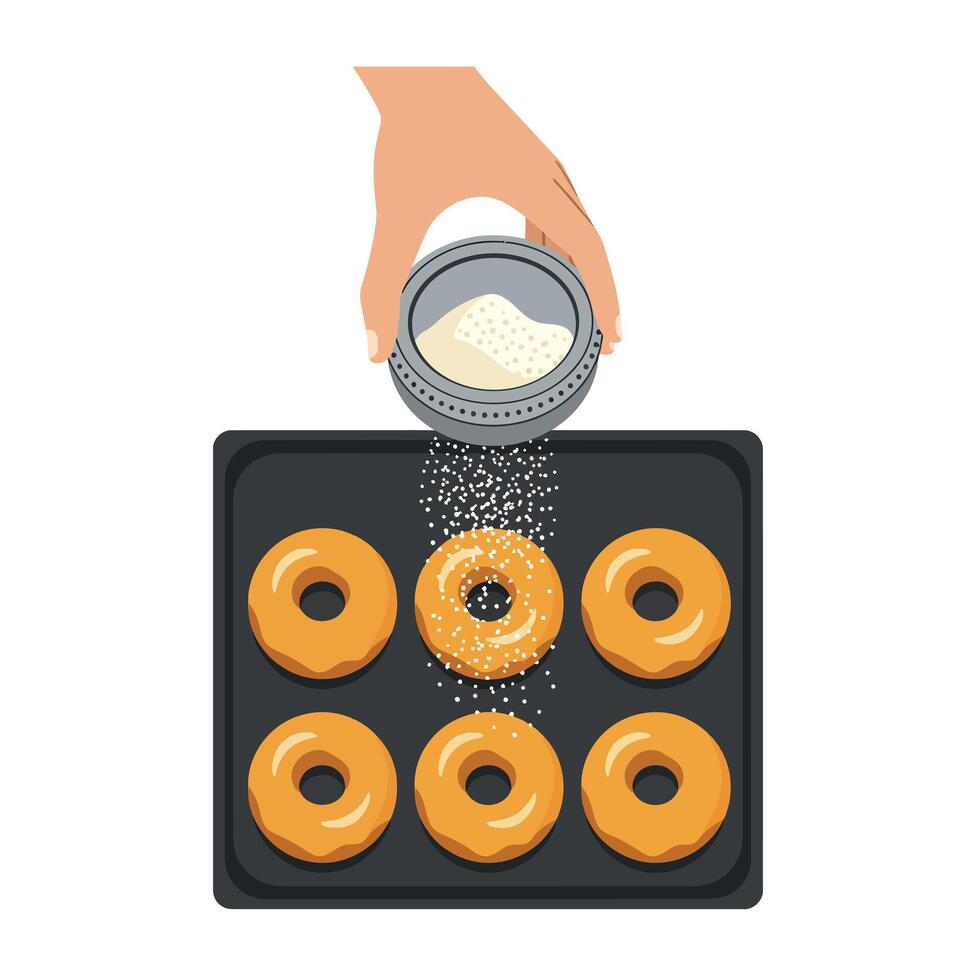 Hand Sprinkling Sugar on Donuts in Baking Tray Illustration vector