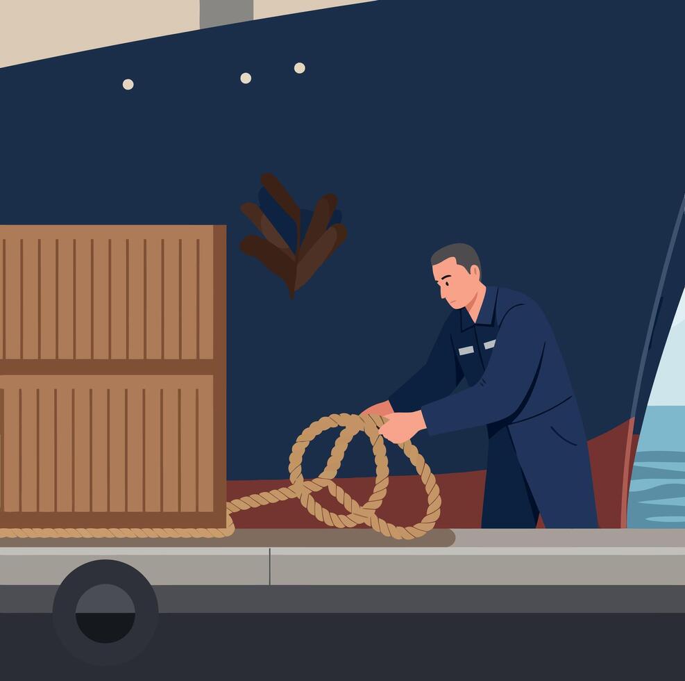 Man tying ropes on docked ship in navy blue uniform nautical scene vector