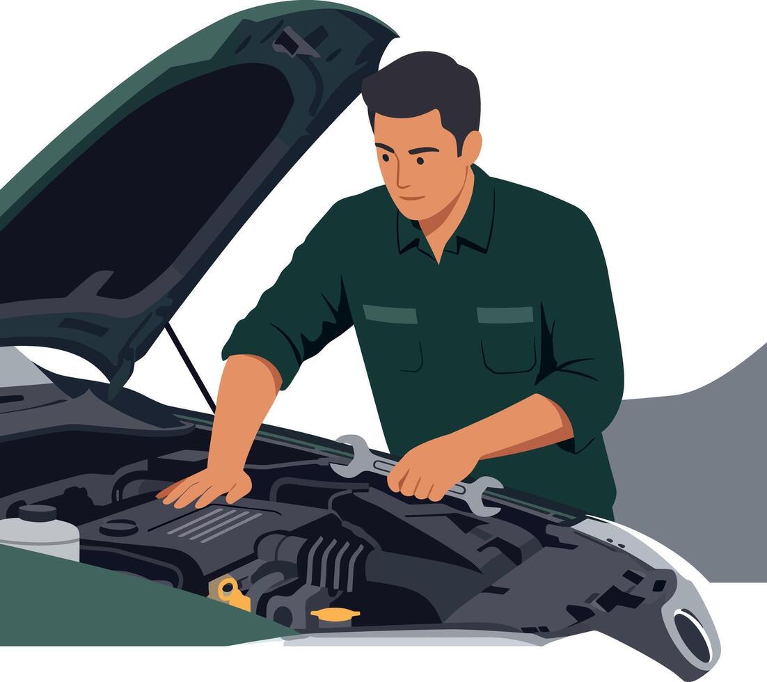 Man repairing car engine with wrench automotive maintenance illustration vector