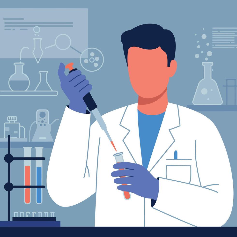 Scientist conducting laboratory experiment with pipette and test tubes in blue gloves illustration vector