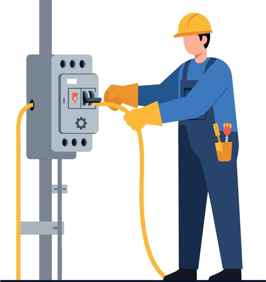 Electrician working with electrical panel wearing safety gear illustration vector