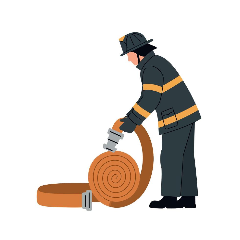 Firefighter rolling orange fire hose in safety uniform and helmet illustration vector