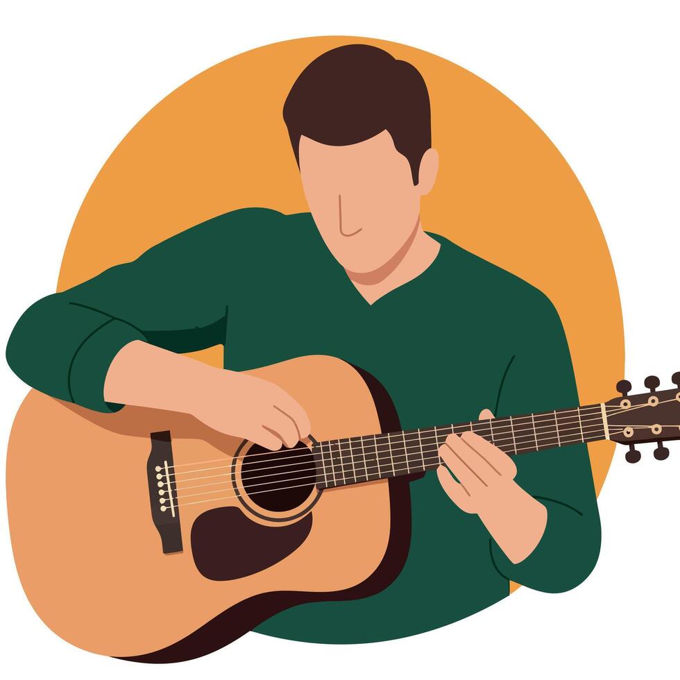 Man playing acoustic guitar in green sweater with orange background illustration vector