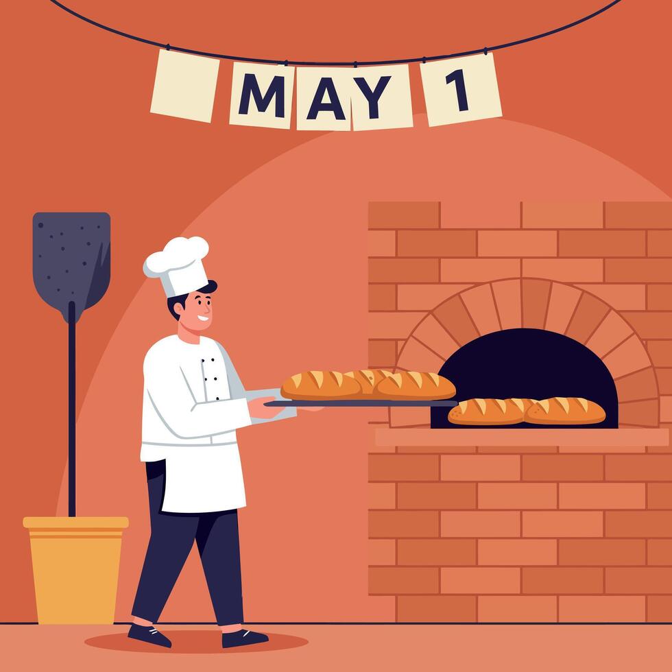 Baker holding fresh bread near brick oven in bakery on May 1 celebration illustration vector