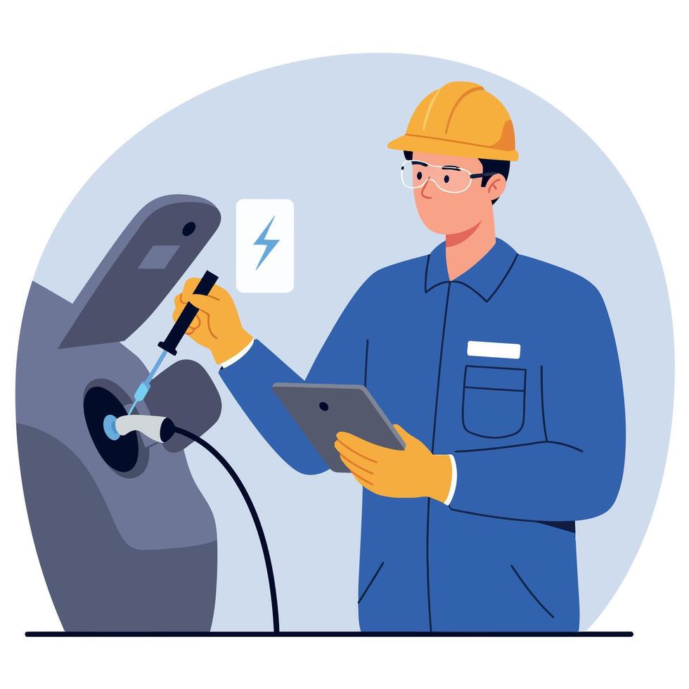 Electrician Checking Electric Car Charging Station with Tablet in Blue Uniform and Yellow Helmet vector
