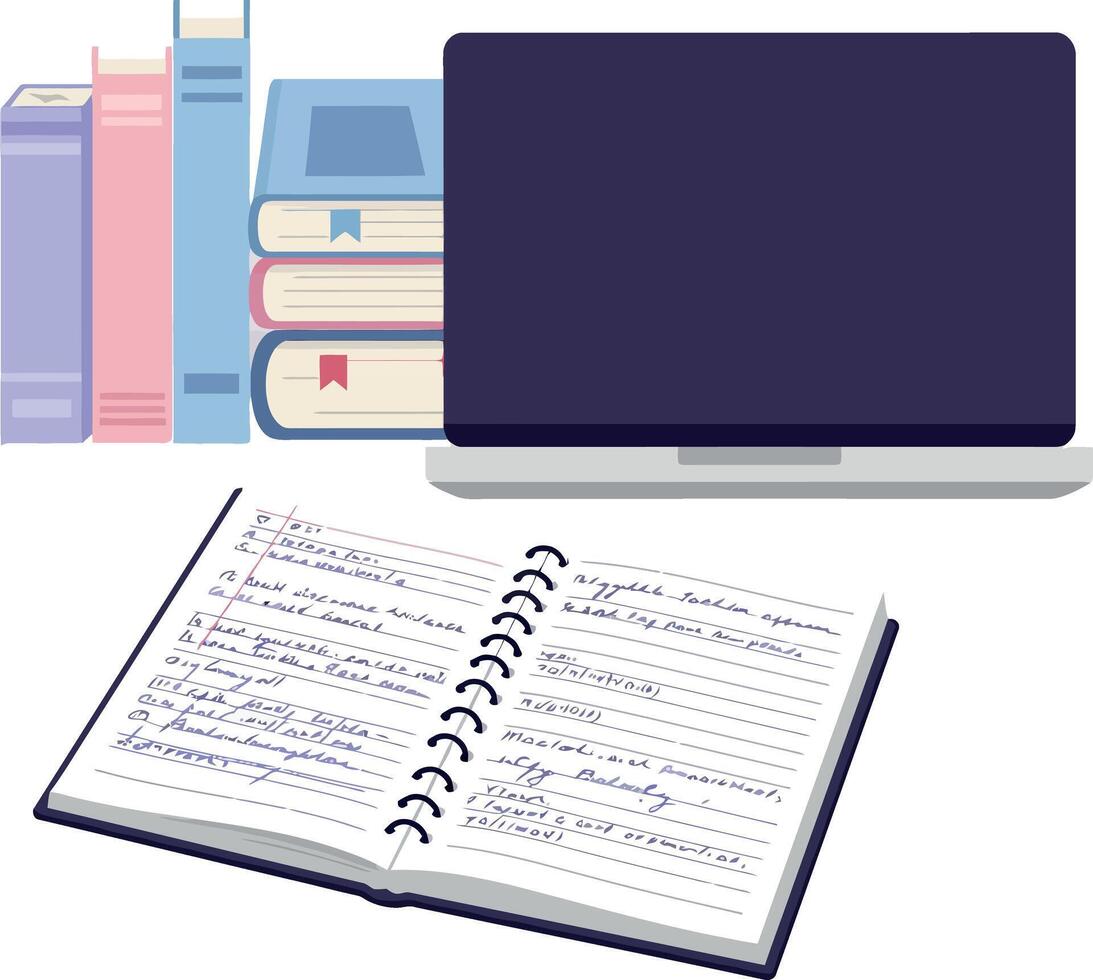 Laptop with open notebook and stack of books for study and work organization illustration vector