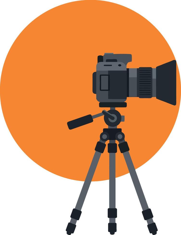 Professional camera mounted on tripod with orange background illustration vector