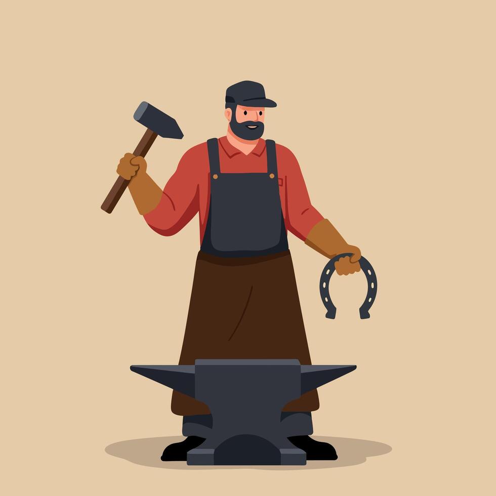 Blacksmith holding hammer and horseshoe working at anvil illustration vector