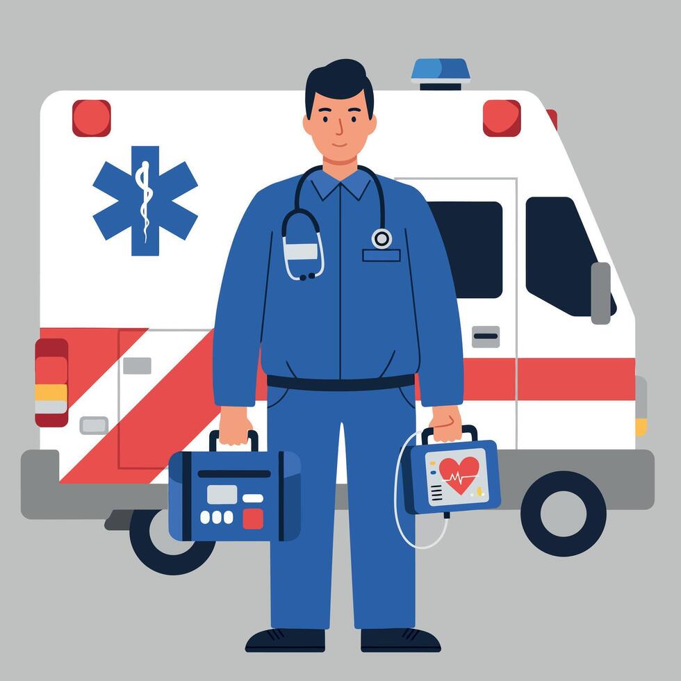 Paramedic with Medical Equipment and Ambulance Emergency Healthcare Scene vector