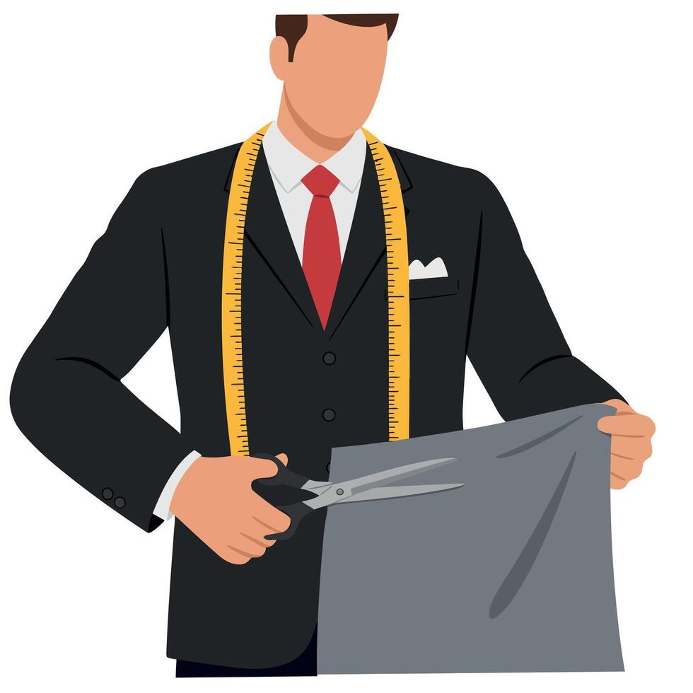 Tailor measuring fabric with scissors and tape illustration in formal suit vector