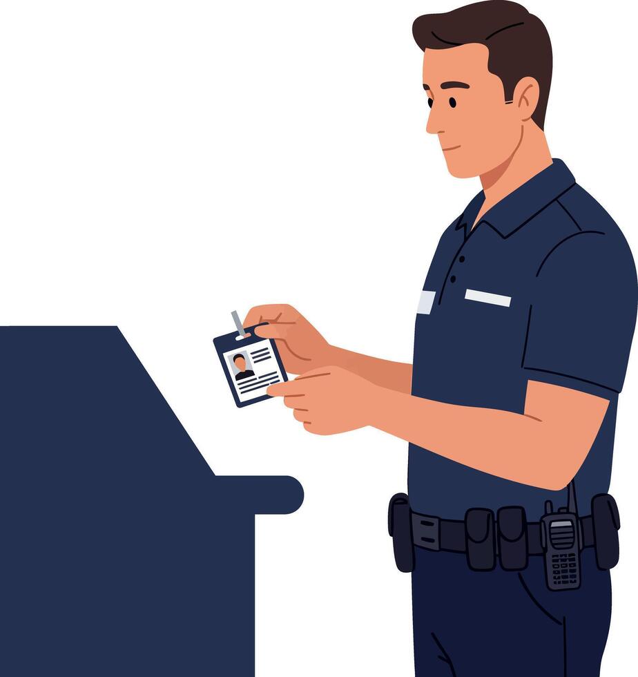 Police officer checking identification card at kiosk in uniform with walkie-talkie illustration vector