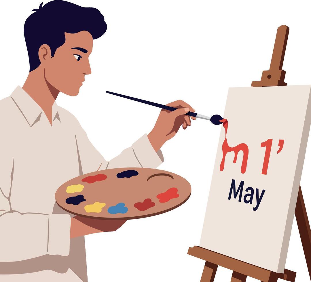Male artist painting on canvas with palette and brush in creative studio environment vector