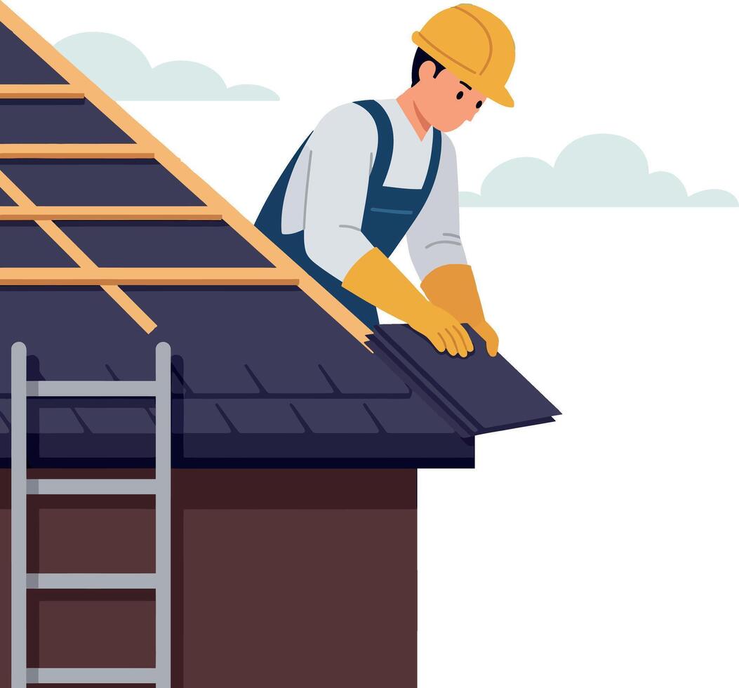 Construction worker installing roofing tiles on house roof illustration vector