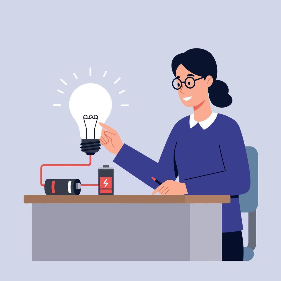 Woman conducting electricity experiment with light bulb and battery in indoor setting illustration vector