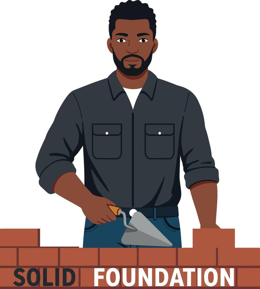 Man Building Solid Foundation Brick Wall with Trowel Construction Concept Illustration vector