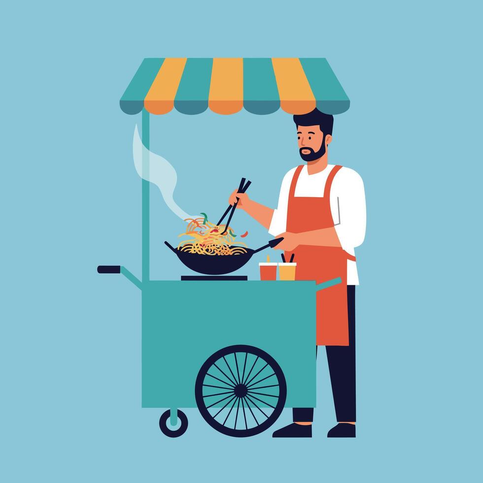 Street Food Vendor Cooking Noodles on Cart with Colorful Awning in Urban Setting vector