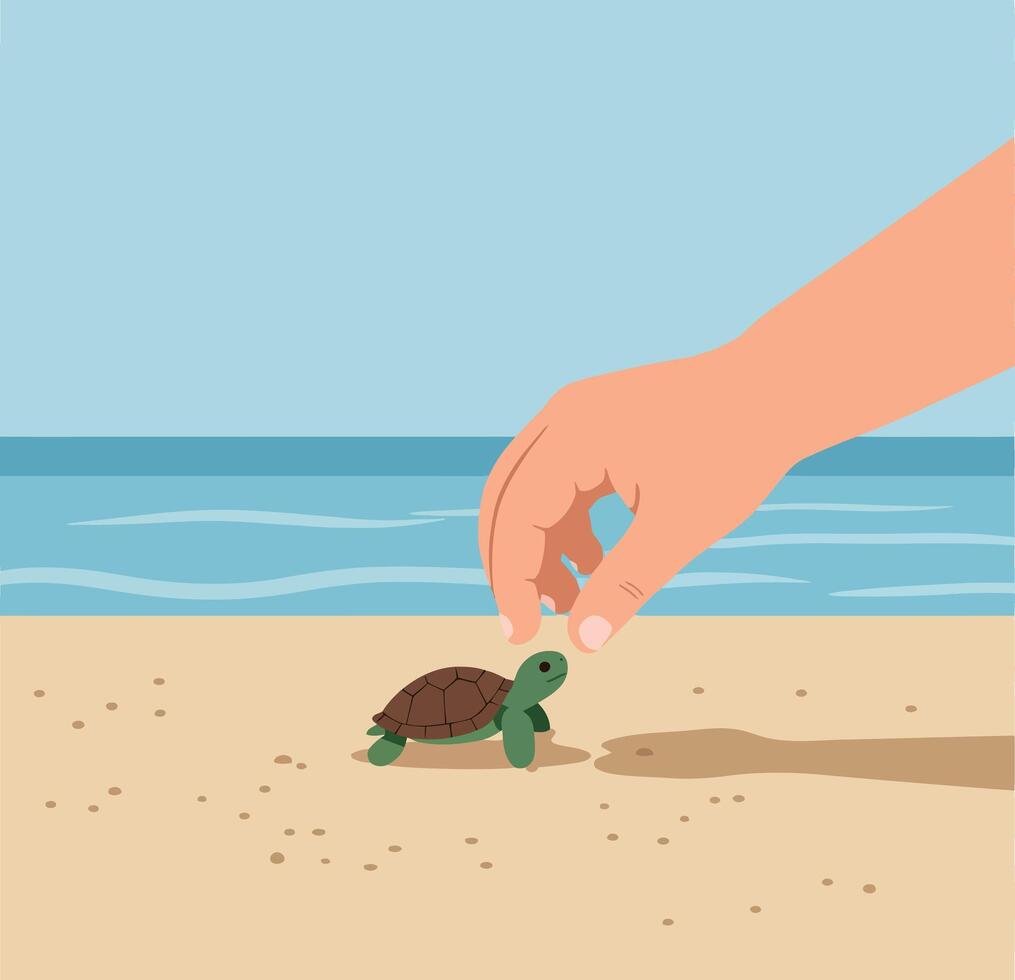 Hand Releasing Baby Turtle on Sandy Beach with Ocean Background Illustration vector