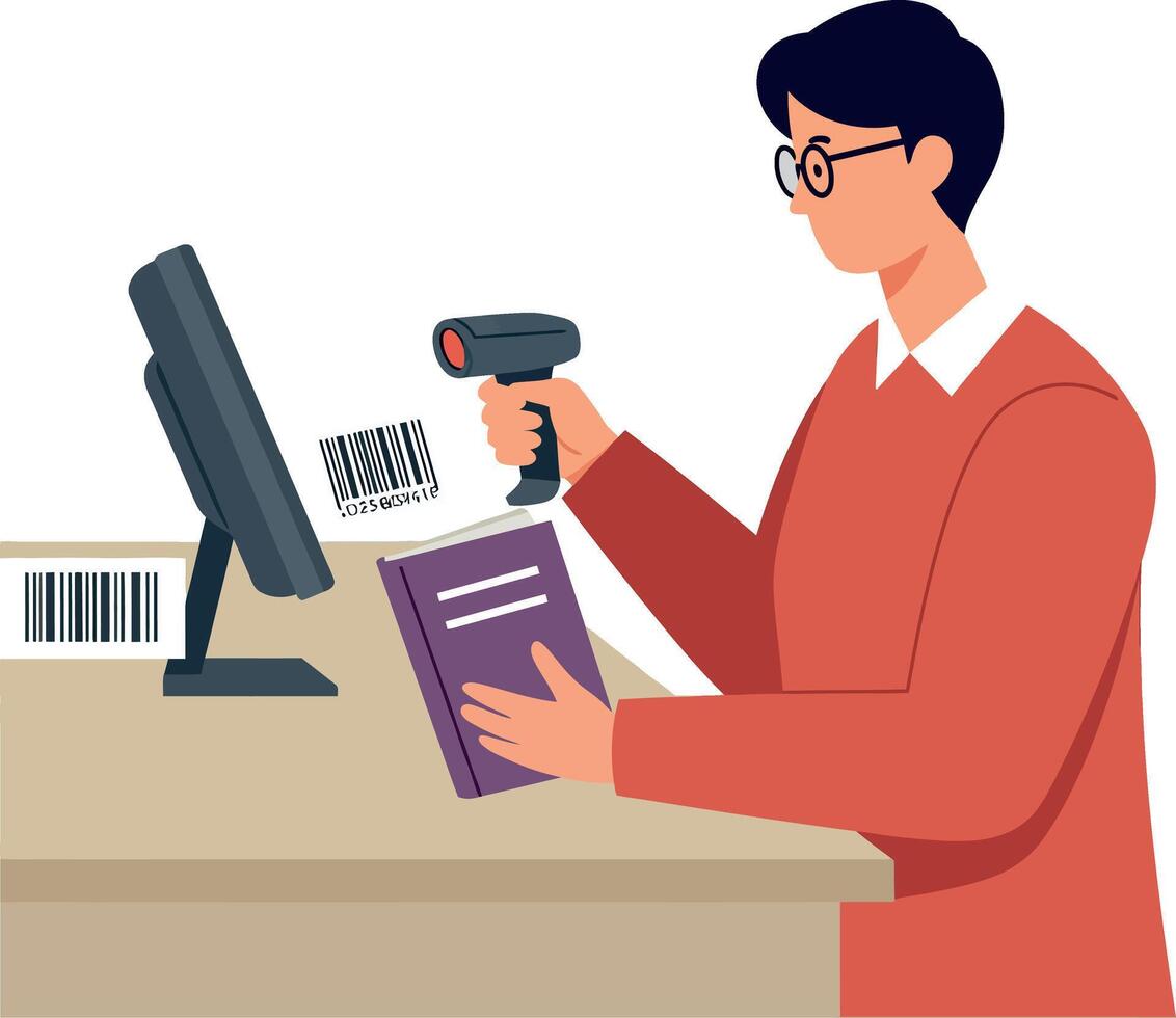 Man scanning book barcode at desk with computer flat design illustration vector