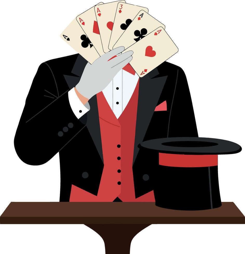 Magician performing card trick with playing cards and top hat on table illustration vector
