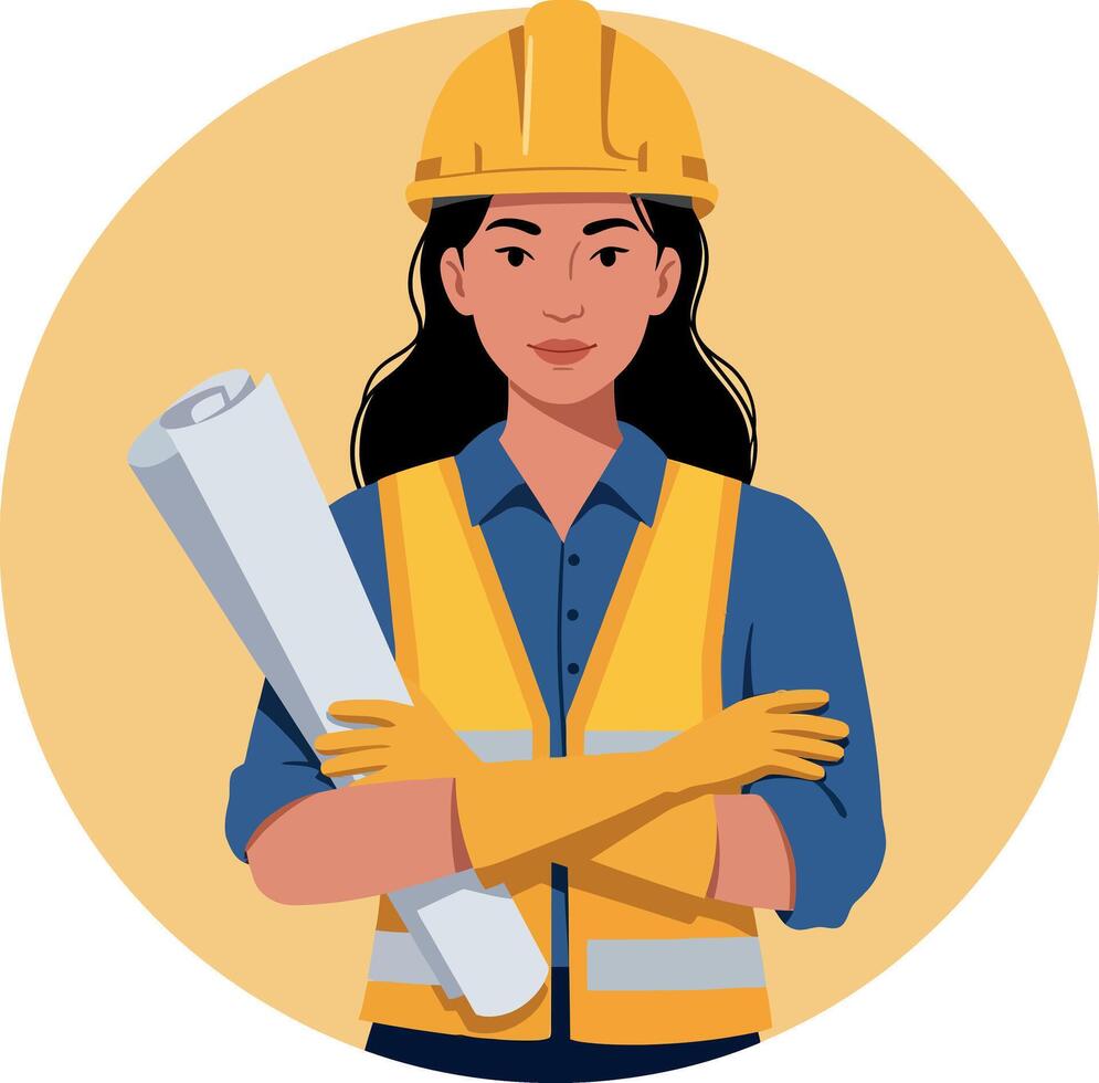 Female Construction Engineer with Safety Gear and Blueprint Illustration in Yellow and Blue vector