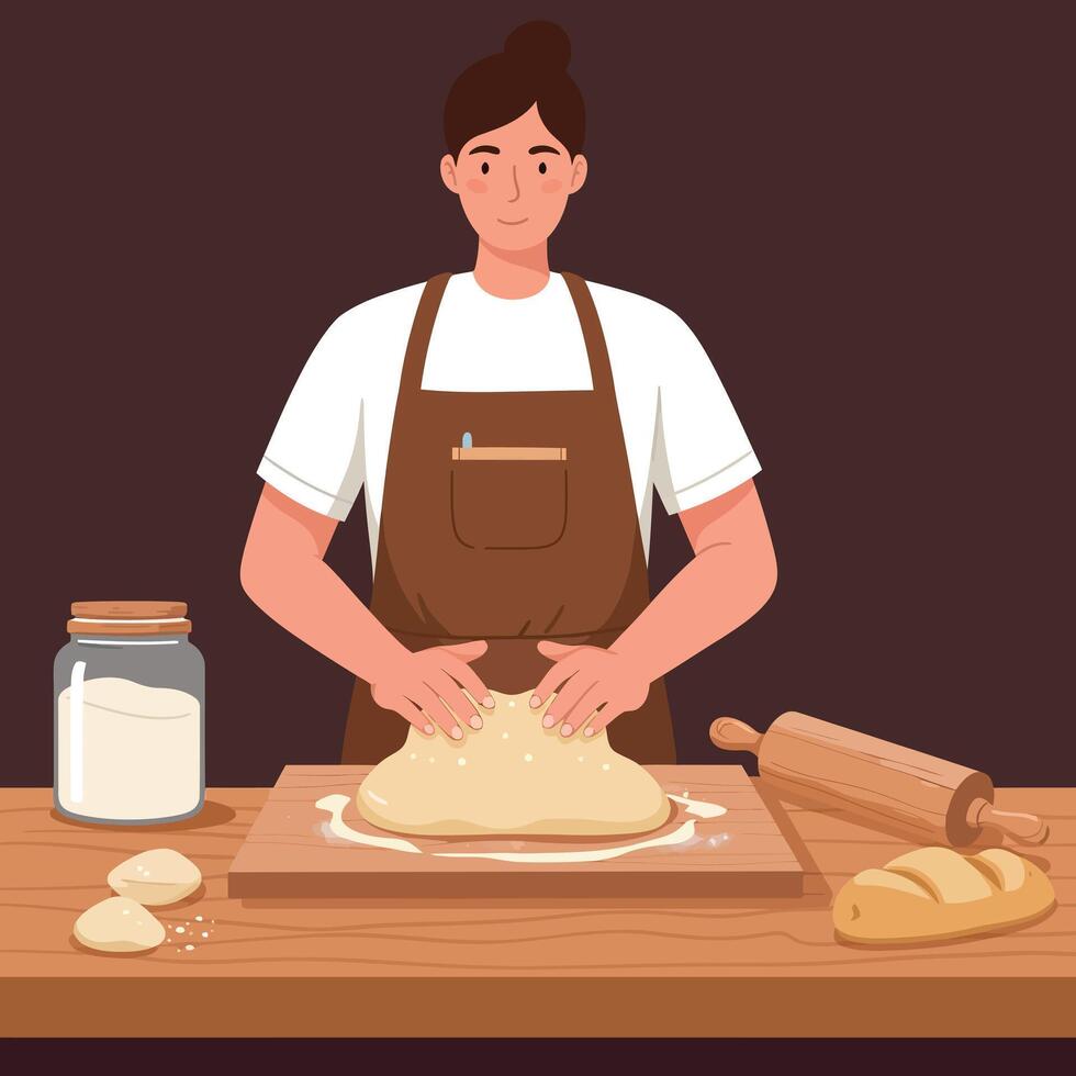 Woman kneading dough with rolling pin and bread on wooden table flat design illustration vector