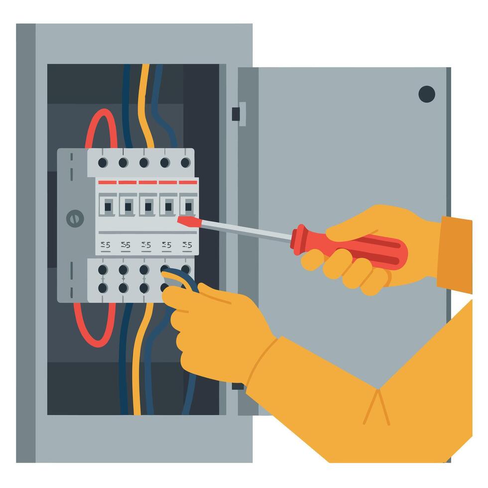 Electrician working on electrical panel with screwdriver and wires illustration vector