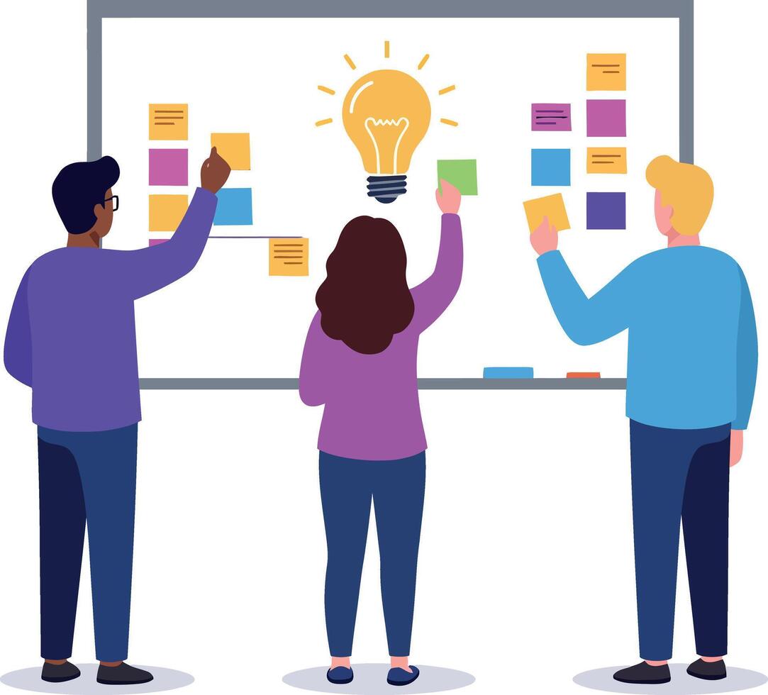 Diverse team brainstorming with sticky notes on whiteboard flat design collaborative creative illustration vector
