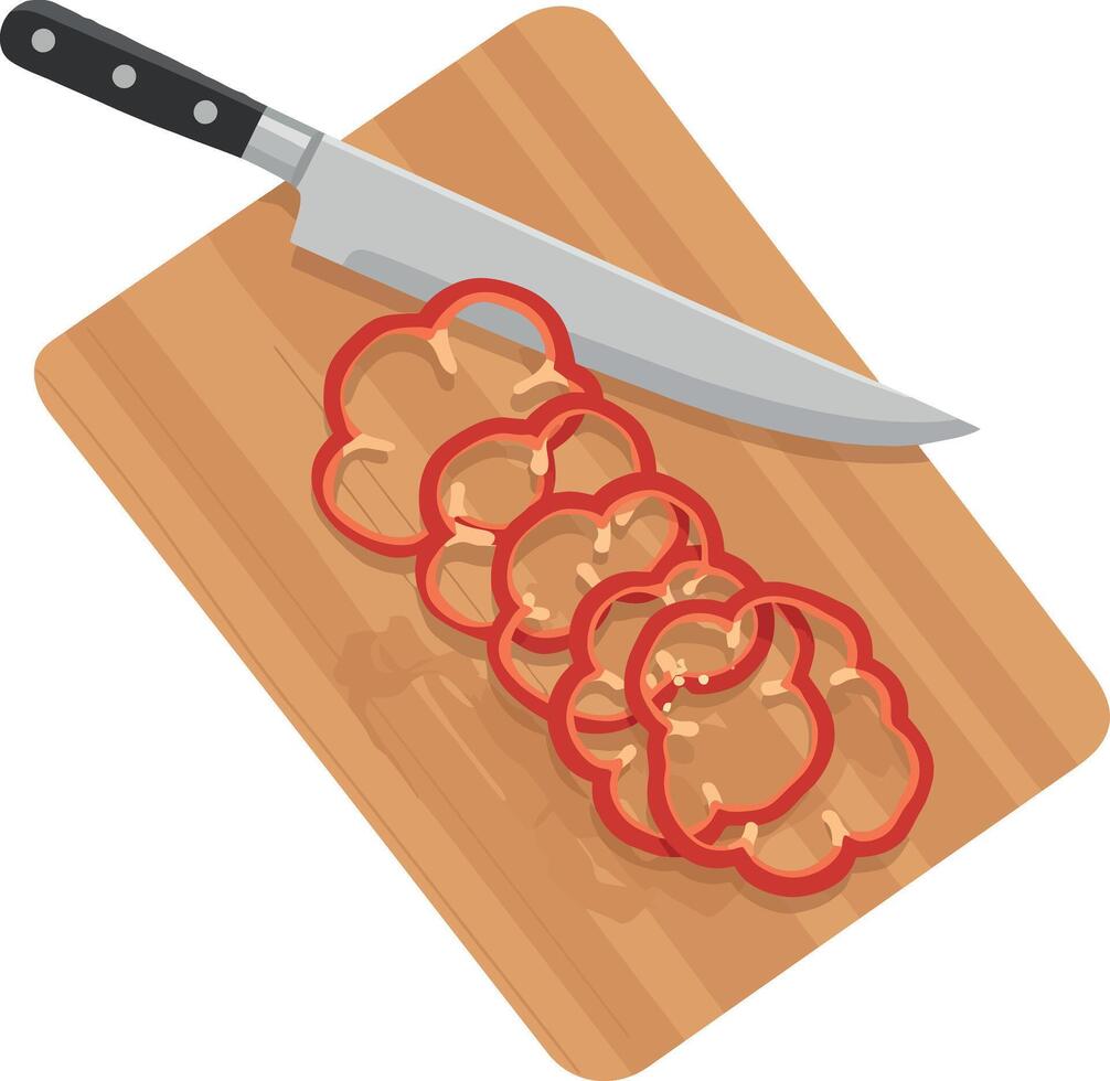 Sliced red bell pepper on wooden cutting board with stainless steel kitchen knife flat illustration vector